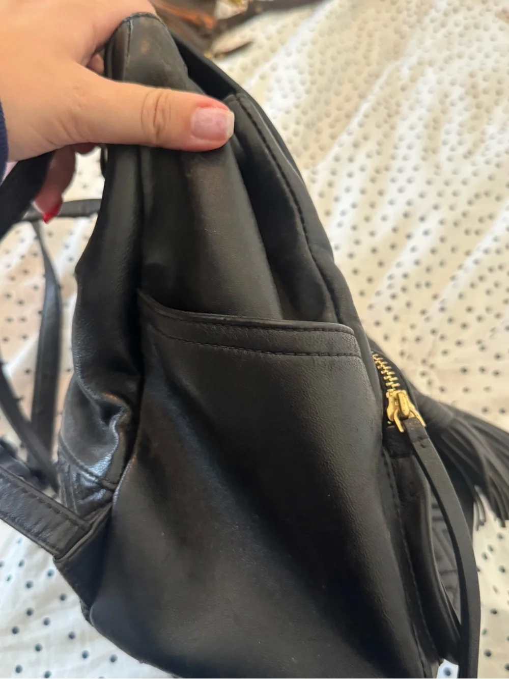 Tory Burch Black Quilted Front Pocket Leather Backpack with Tassels